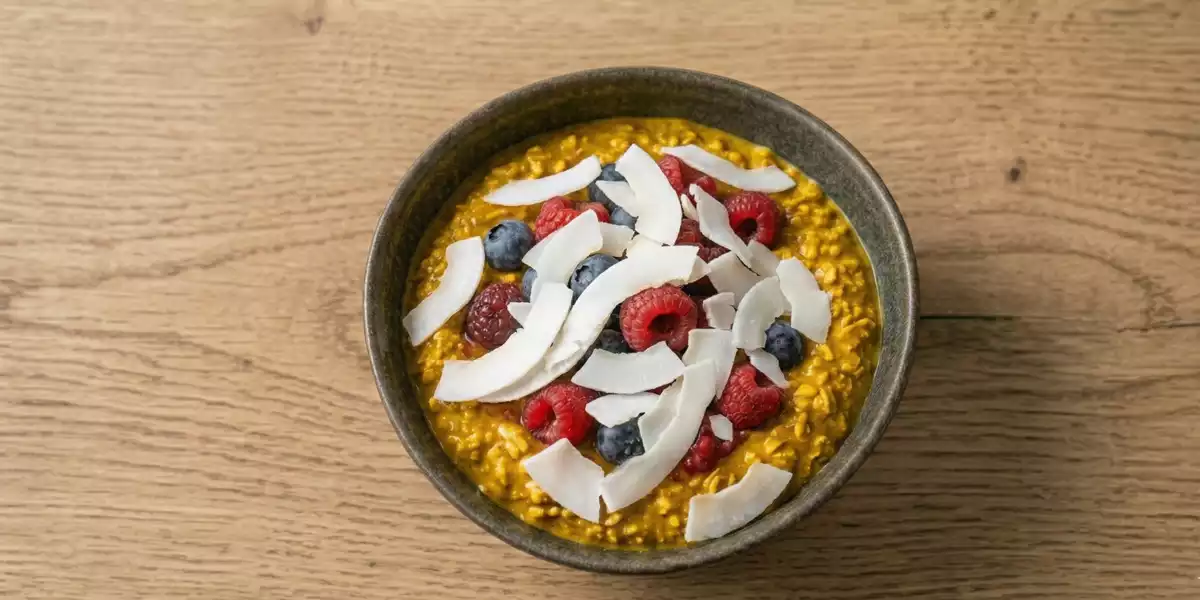 Overnight Oats mit Gewürzen, roten Früchten und Kokoschips