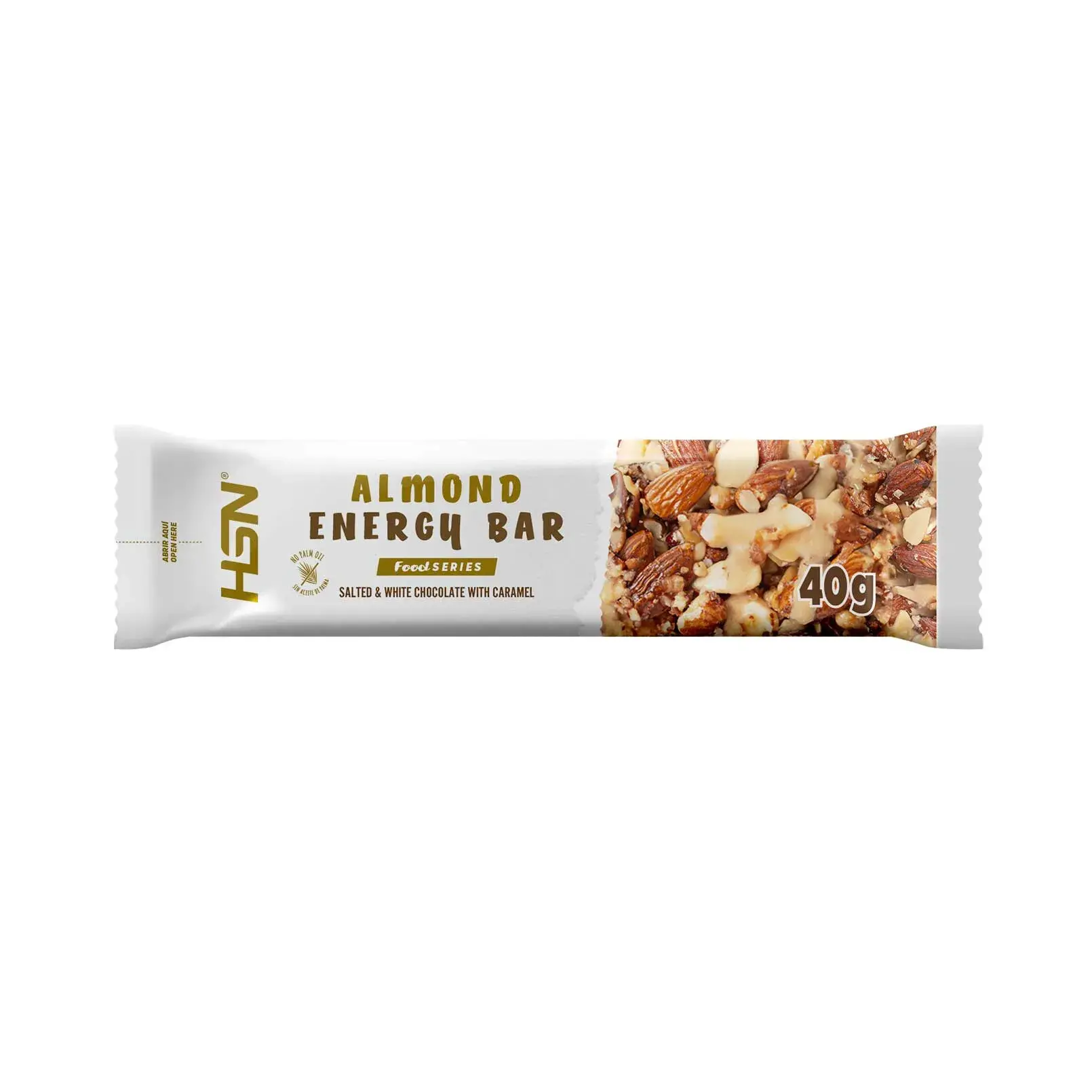 ALMOND ENERGY BAR 40 g MANDEL LEICHT GESALZEN, MIT WEIẞER SCHOKOLADE UND KARAMELL